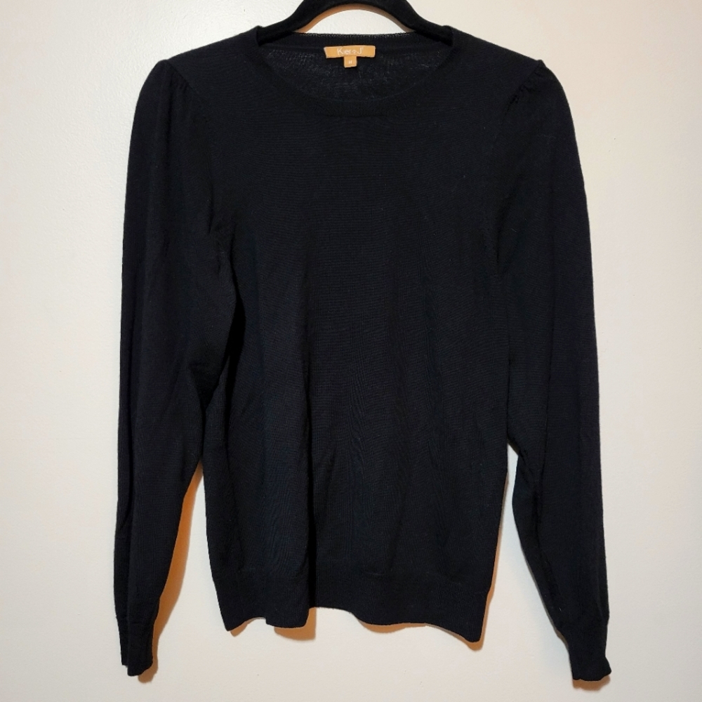 Merino Wool Sweater Crewneck Puff Sleeve Black Medium